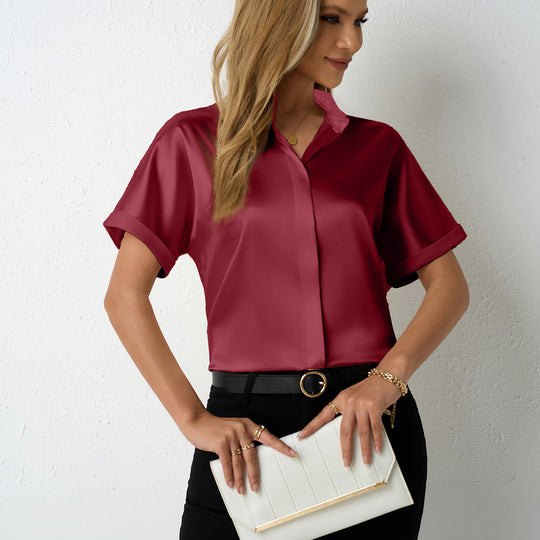 Damen elegante Satinbluse mit klassischem Kragen und umgeschlagenen Ärmeln