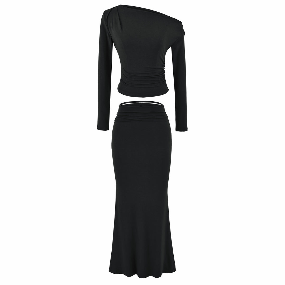 Damen Einschultriges zweiteiliges Set mit gerafftem Crop-Top und tailliertem Maxirock Nord Taschen