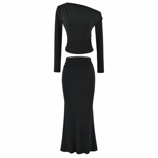 Damen Einschultriges zweiteiliges Set mit gerafftem Crop-Top und tailliertem Maxirock Nord Taschen