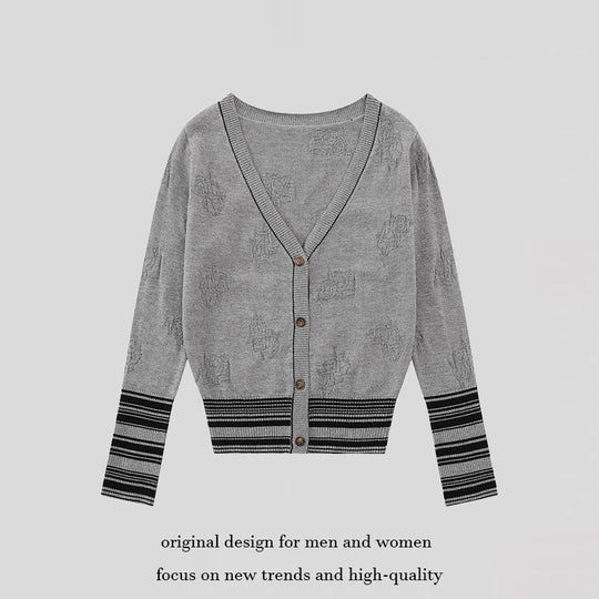 Damen Strickjacke mit V‑Ausschnitt, feinem Jacquardmuster und kontrastierenden Bündchen Nord Taschen