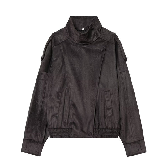 Damen Kurze Velours‑Optik Bomberjacke mit hohem Stehkragen und asymmetrischer Knopfleiste Nord Taschen