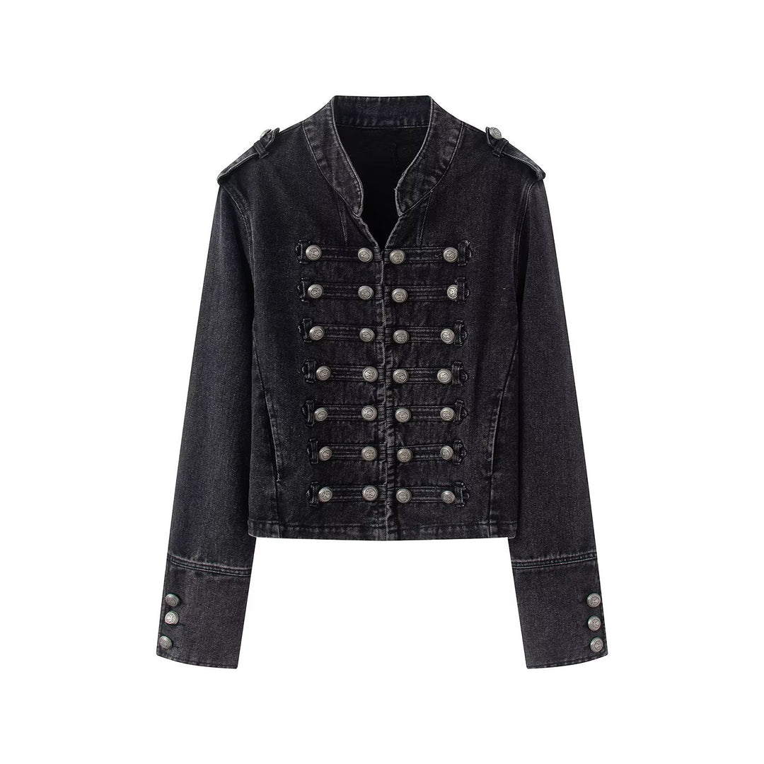 Damen Jeansjacke im Military-Stil mit dekorativer Zierknopfleiste Nord Taschen