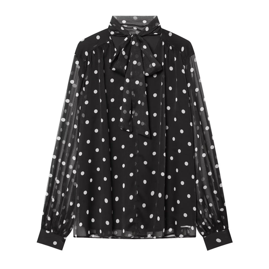 Damen Chiffonbluse mit Polka-Dot, Schleifenbindekragen und transparenten Ballonärmeln Nord Taschen