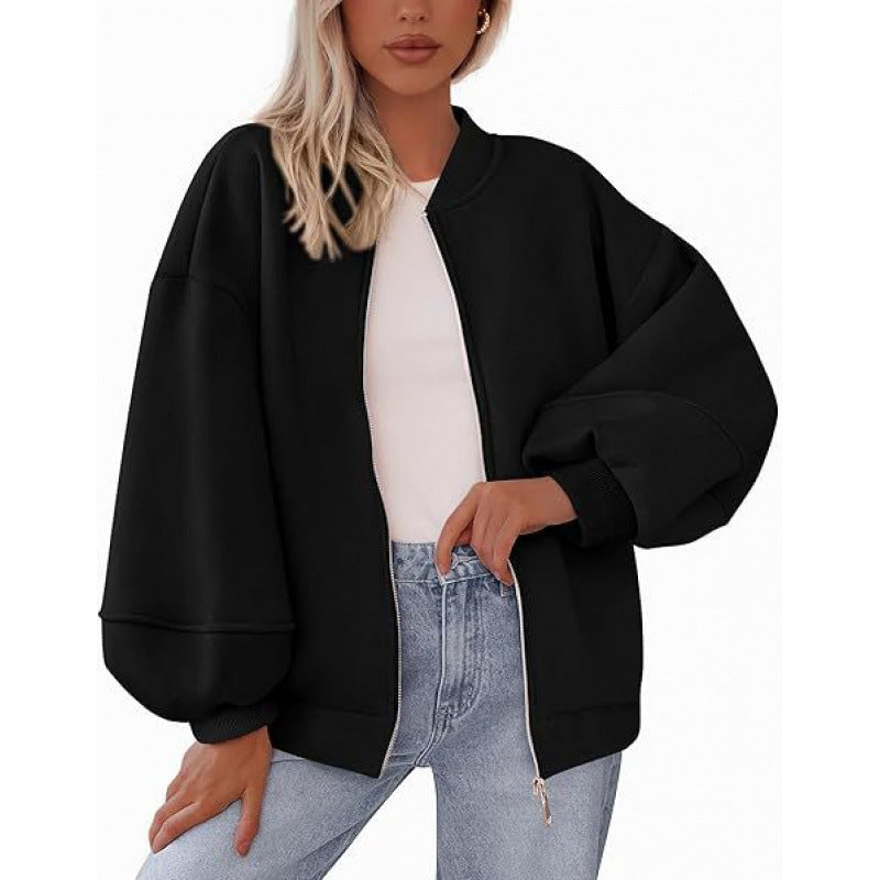 Damen lässige Oversized-Jacke mit Reißverschluss und ballonen Ärmeln