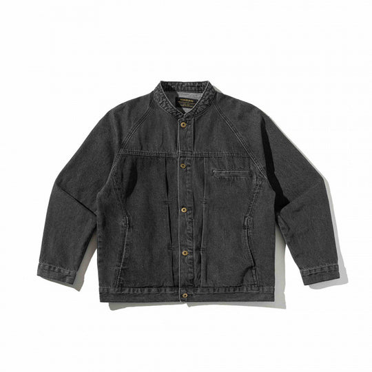 Unisex Boxige Denim‑Hemdjacke im Worker‑Look mit Stehkragen, Raglanärmeln und Brust‑Welttasche Nord Taschen