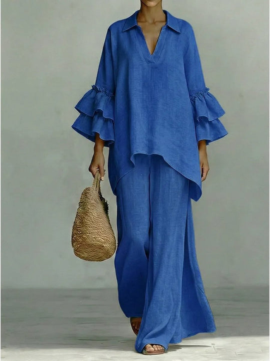 Damen Leinen-Loungewear-Set mit Volantärmeln und weitem Palazzo-Hose Nord Taschen