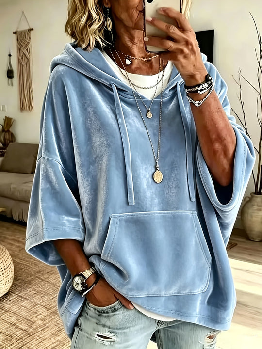 Damen Oversize Samt-Hoodie mit halblangen Ärmeln und Kängurutasche Nord Taschen