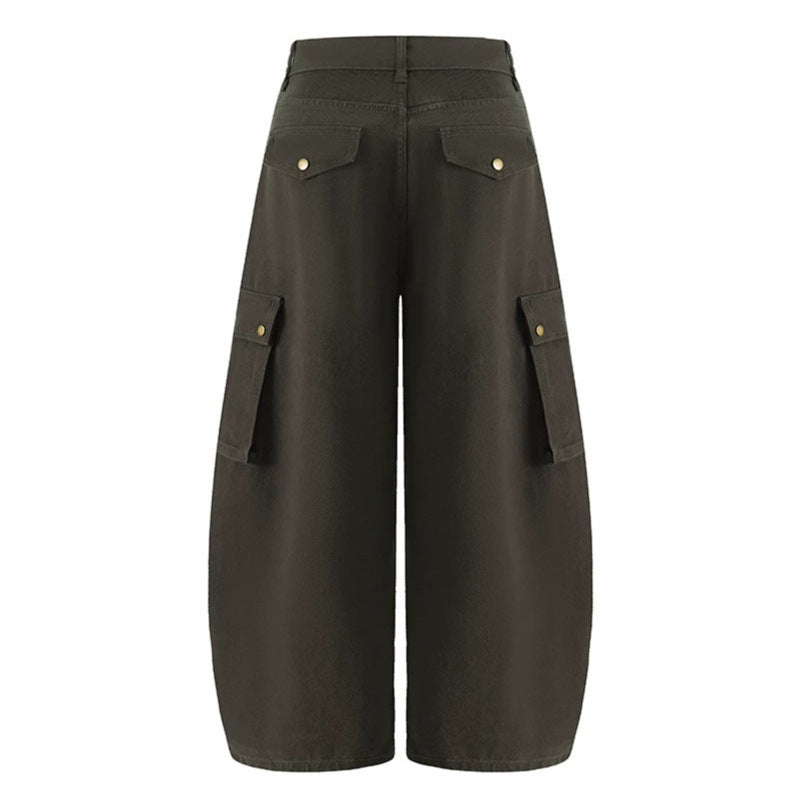 Damen Weite Cargo-Palazzo-Hose mit hohem Bund, Ballon-Saum und mehreren Klappentaschen Nord Taschen