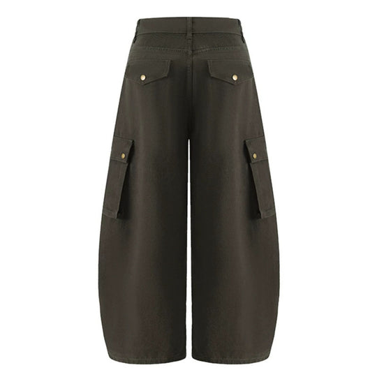 Damen Weite Cargo-Palazzo-Hose mit hohem Bund, Ballon-Saum und mehreren Klappentaschen Nord Taschen