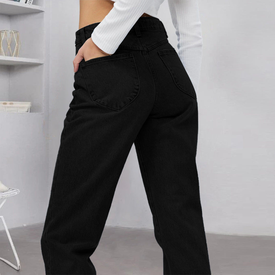 Damen Hochtaillierte gerade geschnittene Jeans aus rigid Denim mit rohem Saum Nord Taschen