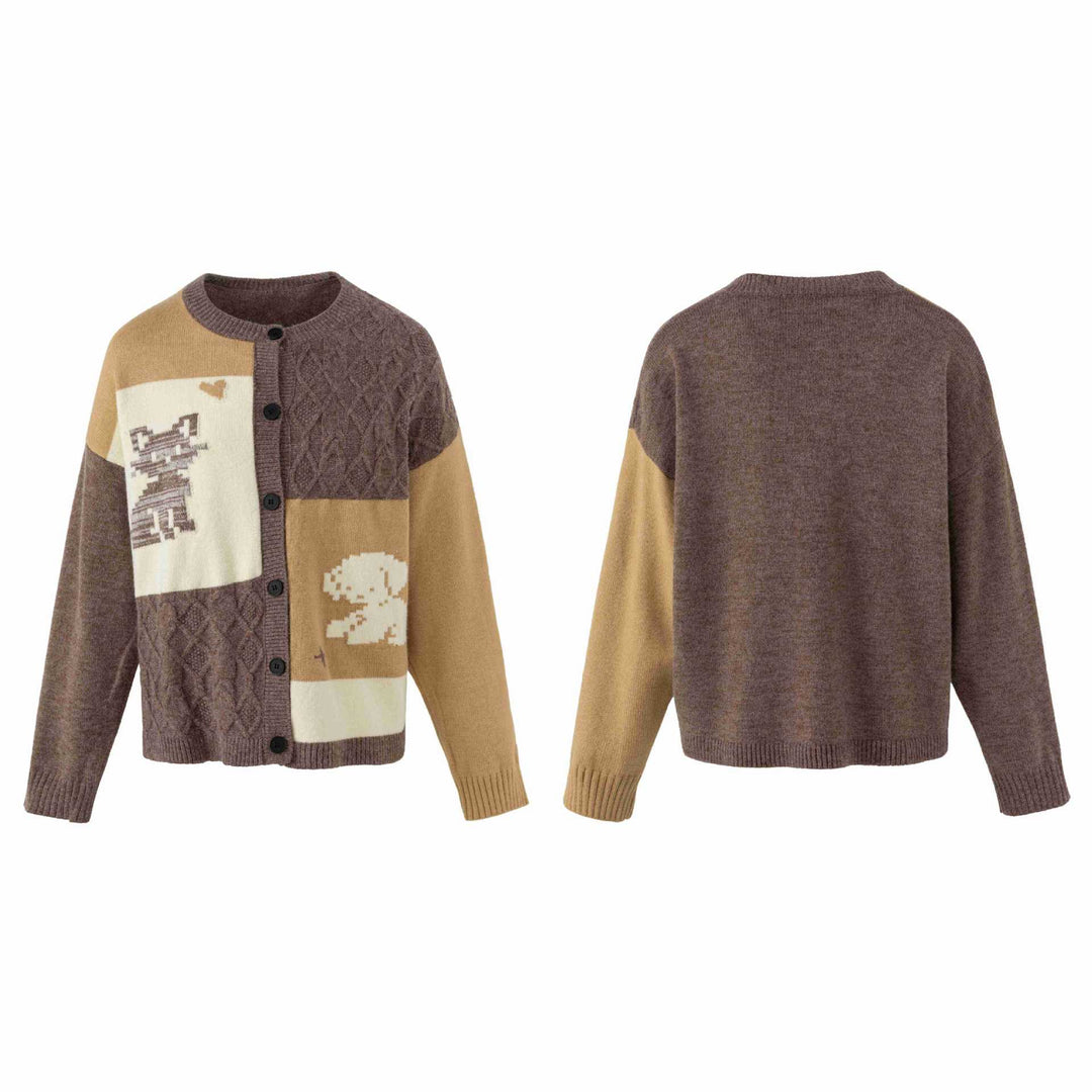 Damen Strickcardigan im Patchwork‑Look mit Zopfmuster und Rundhalsausschnitt Nord Taschen