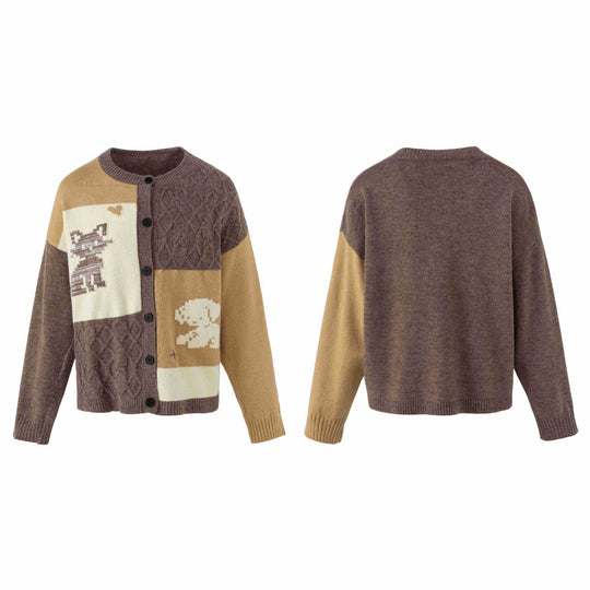 Damen Strickcardigan im Patchwork‑Look mit Zopfmuster und Rundhalsausschnitt Nord Taschen