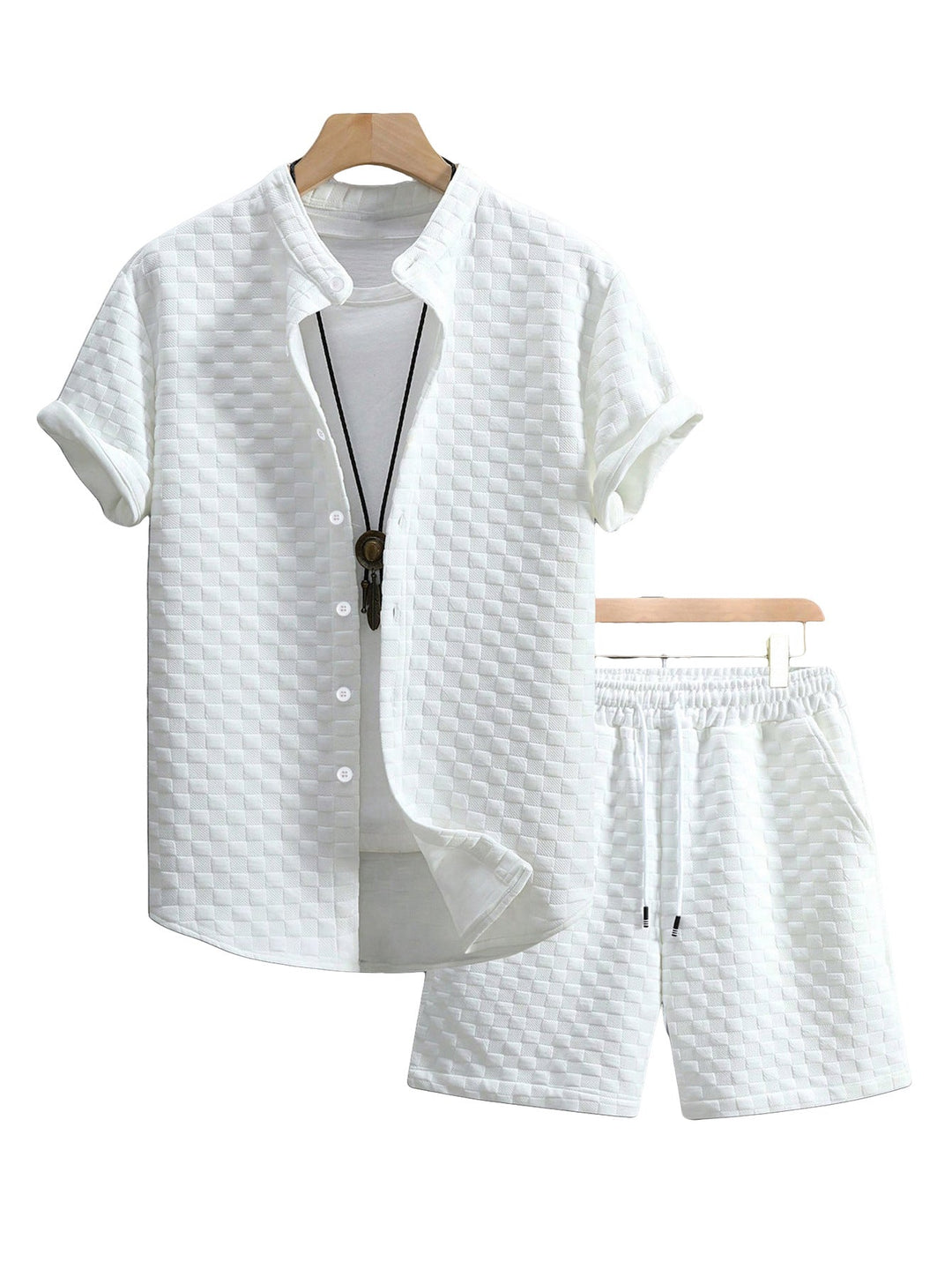 Herren nan zweiteiliges Sommerensemble mit Stehkragen-Hemdjacke und elastischen Komfort-Shorts in geprägter Karo-Textur - Arvani
