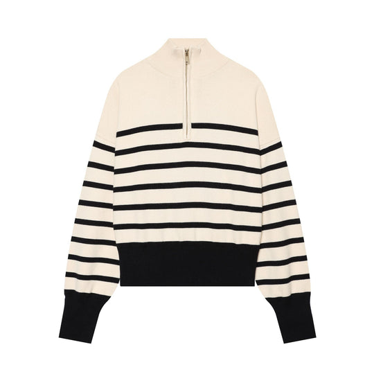 Damen Gestreifter Cropped Strickpullover mit halbem Reißverschluss und Stehkragen Nord Taschen