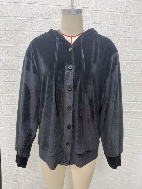 Damen Oversize Samt-Kapuzenjacke mit elastischem Saum und weiten Ärmeln Nord Taschen