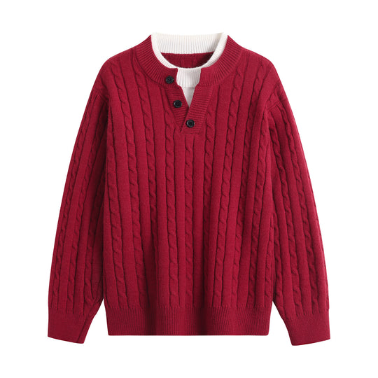 Damen Oversize Zopfstrick-Pullover mit Henley‑Kragen und Kontrastinnenkragen Nord Taschen