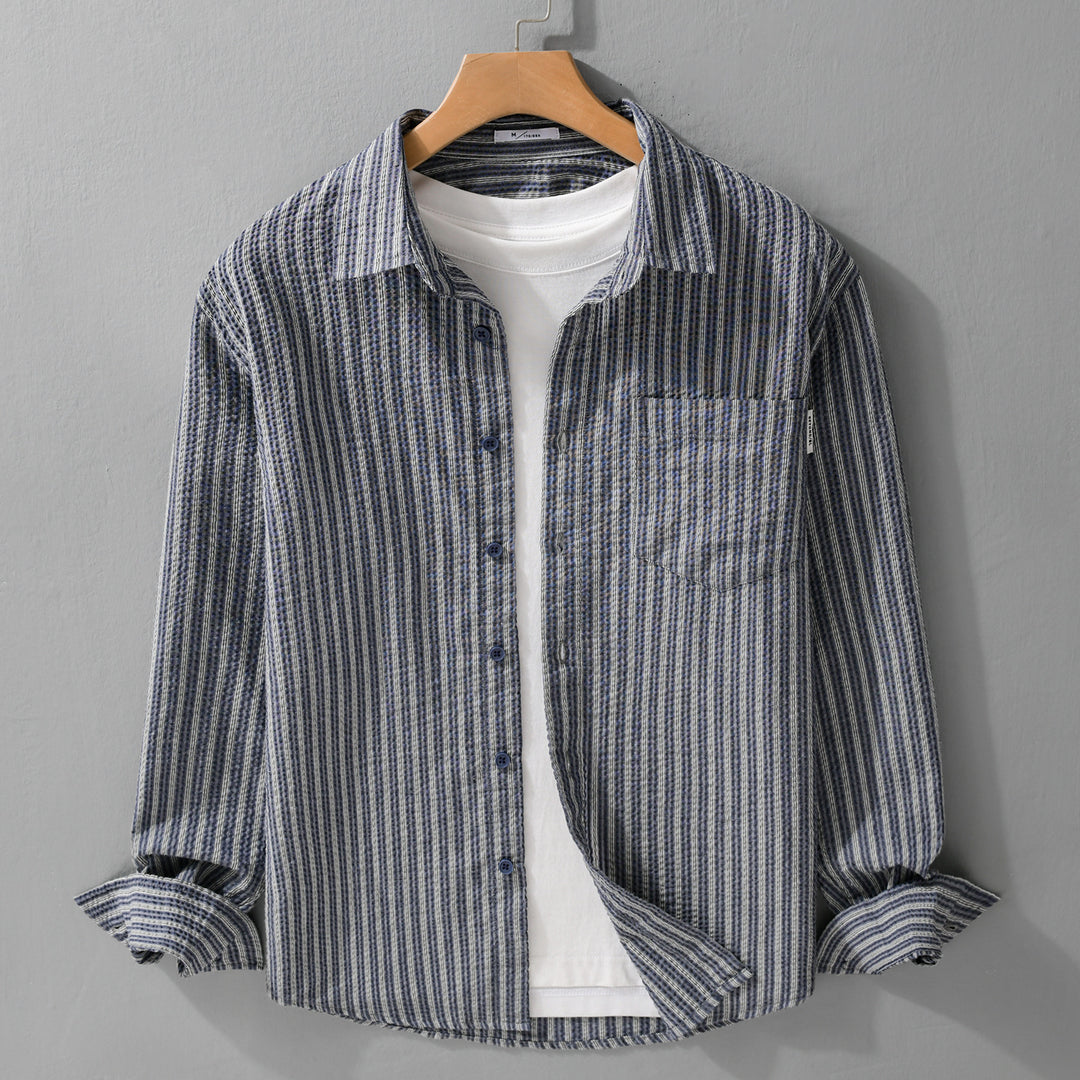 Herren Gestreiftes Relaxed-Overshirt aus strukturiertem Baumwollmix mit Brusttasche Nord Taschen
