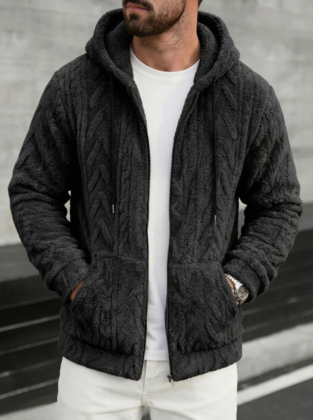 Herren kuschelige Kapuzenjacke aus Teddyfleece mit durchgehendem Reißverschluss und Kängurutaschen Nord Taschen