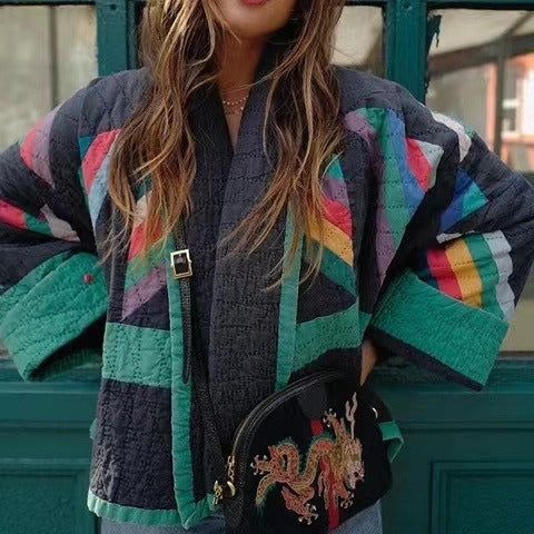 Damen wattierte Kimono-Steppjacke mit Patchwork-Design und weiten Ärmeln Nord Taschen