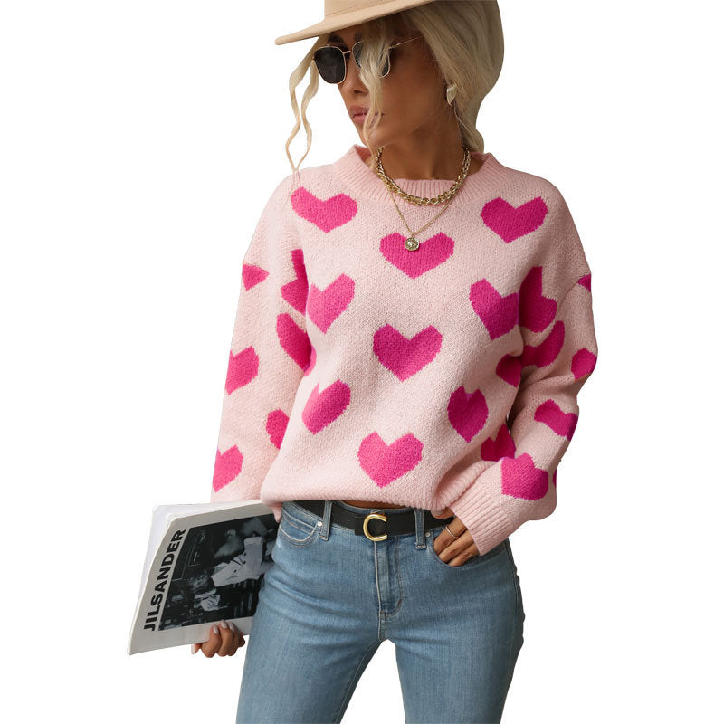 Damen Gemusterter Strickpullover mit Herzmotiven Nord Taschen