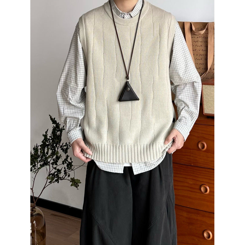 Herren Oversized Ärmellose Strickweste mit geripptem Saum und Rundhalsausschnitt Nord Taschen