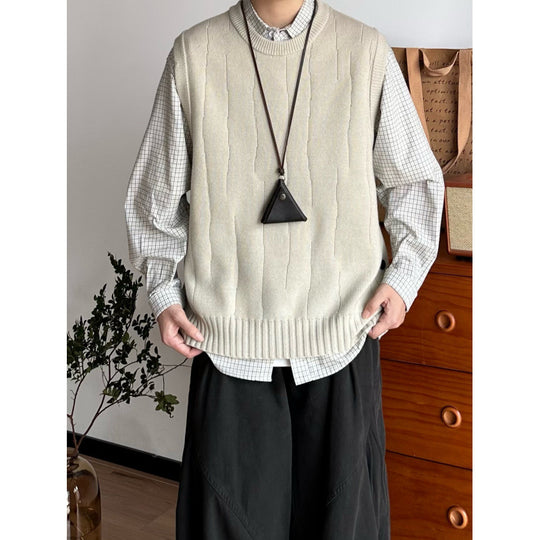Herren Oversized Ärmellose Strickweste mit geripptem Saum und Rundhalsausschnitt Nord Taschen