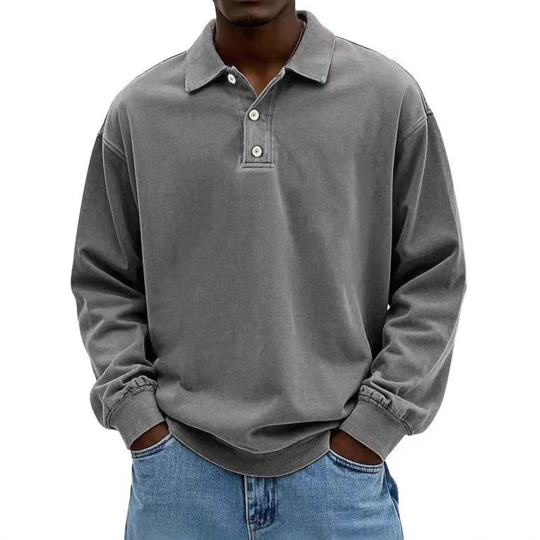 Herren nan lässiges Poloshirt-Sweatshirt mit Kragen, Vintage-Waschung und dreiteiliger Knopfleiste