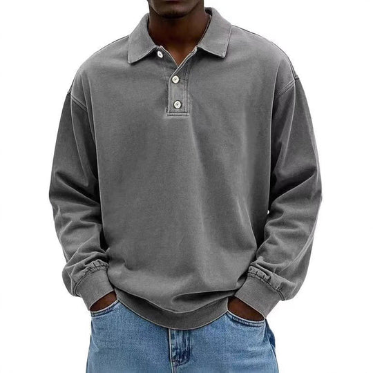Herren nan lässiges Poloshirt-Sweatshirt mit Kragen, Vintage-Waschung und dreiteiliger Knopfleiste