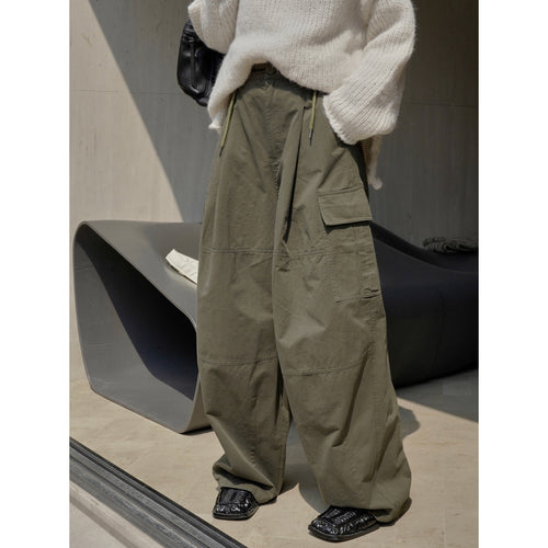 Damen Weite High‑Waist Cargo‑Palazzohose mit Tunnelzugbund und aufgesetzten Taschen Nord Taschen