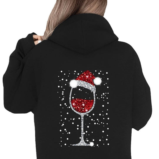 Damen Oversize Kapuzenpullover mit weihnachtlichem Glitzer-Weinglas-Print Nord Taschen