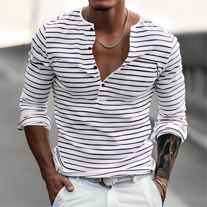 Herren Langarm-Henley-Shirt mit modischen Streifen und praktischen Knöpfen
