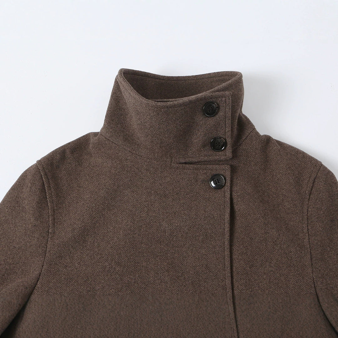 Damen Wollmantel mit Stehkragen, Bindegürtel und asymmetrischer Knopfleiste Nord Taschen