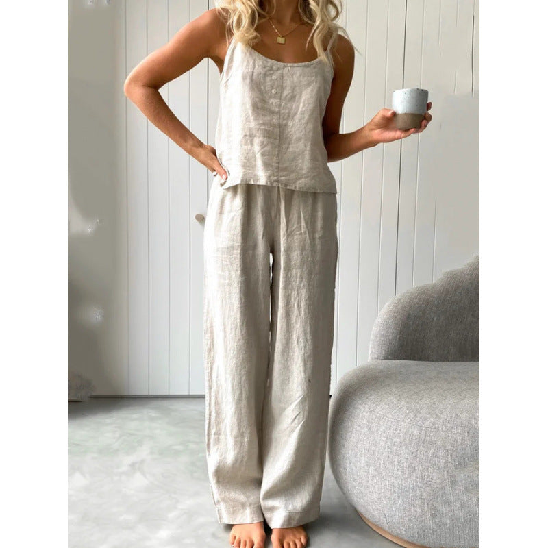 Damen lässiges Leinen-Set mit trägerloser Bluse und weiten Hosen