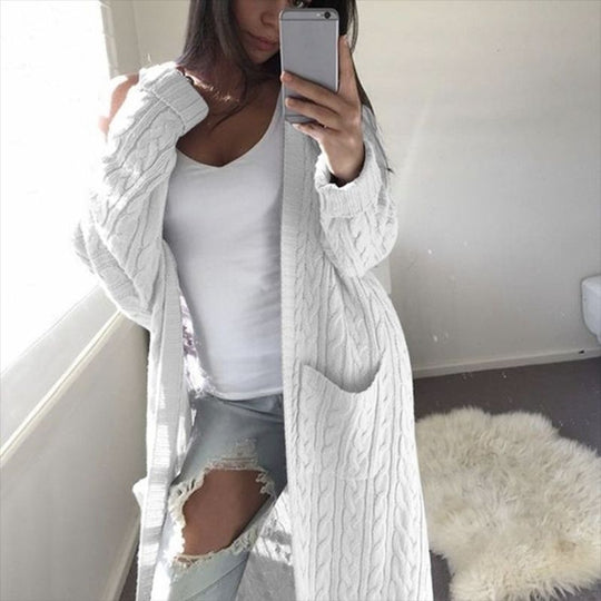 Damen Langer Oversize Zopfmuster-Strickcardigan mit Eingrifftaschen Nord Taschen