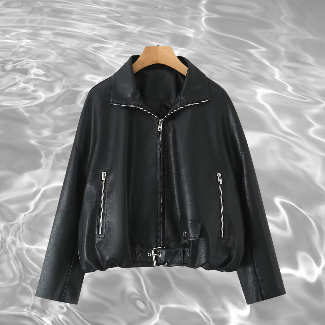 Damen Kurz geschnittene Oversize-Lederjacke im Bomberstil mit Reißverschlusstaschen und Taillengürtel Nord Taschen