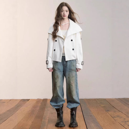 Damen Oversized Doppelreihige Trench-Bomberjacke mit hohem Stehkragen Nord Taschen