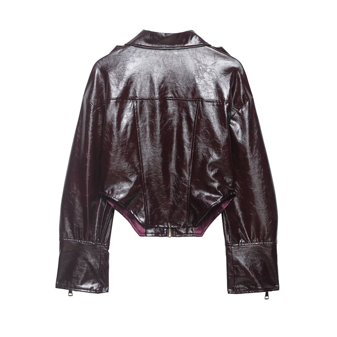 Damen Cropped Lackleder-Optik Bikerjacke mit Oversize-Ärmeln, Schulterklappen und durchgehendem Frontzip Nord Taschen