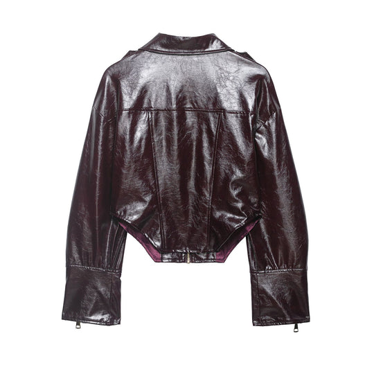 Damen Cropped Lackleder-Optik Bikerjacke mit Oversize-Ärmeln, Schulterklappen und durchgehendem Frontzip Nord Taschen