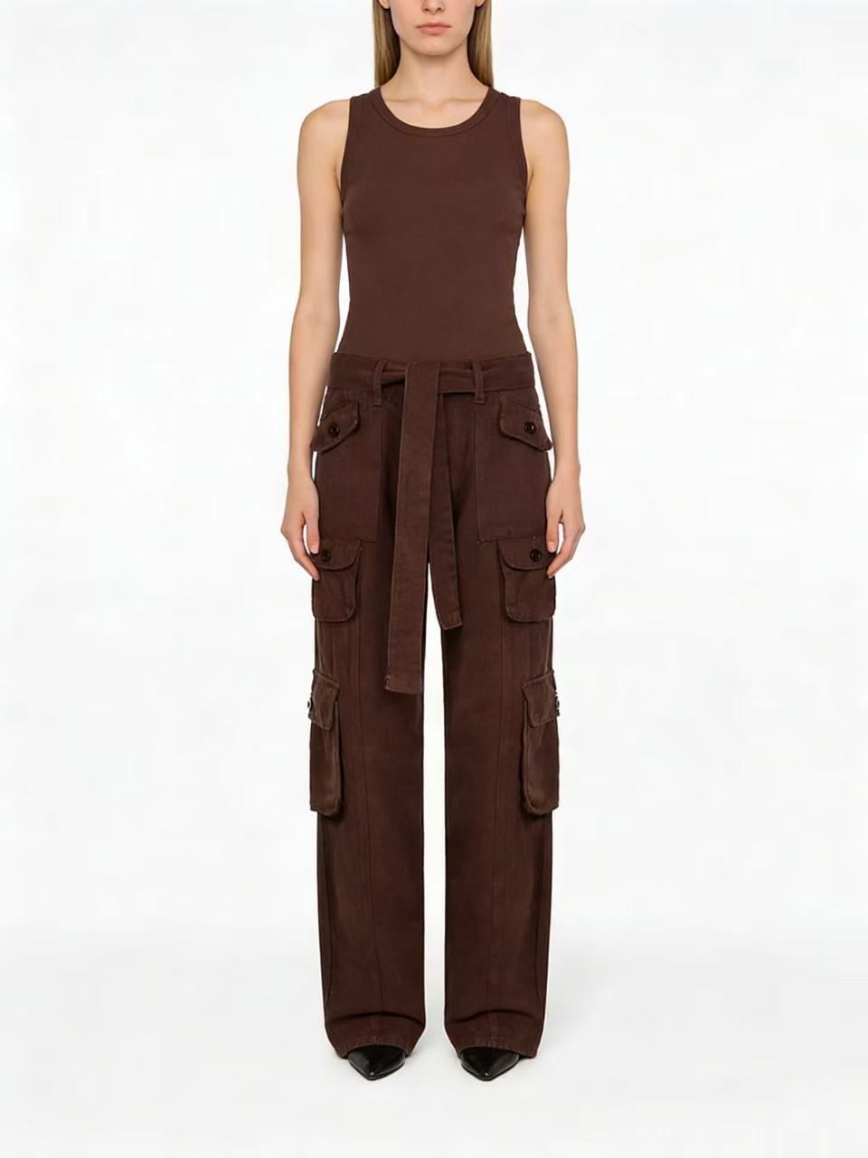 Damen weite Cargo-Hose mit hoher Taille, Bindegürtel und mehreren aufgesetzten Klappentaschen Nord Taschen