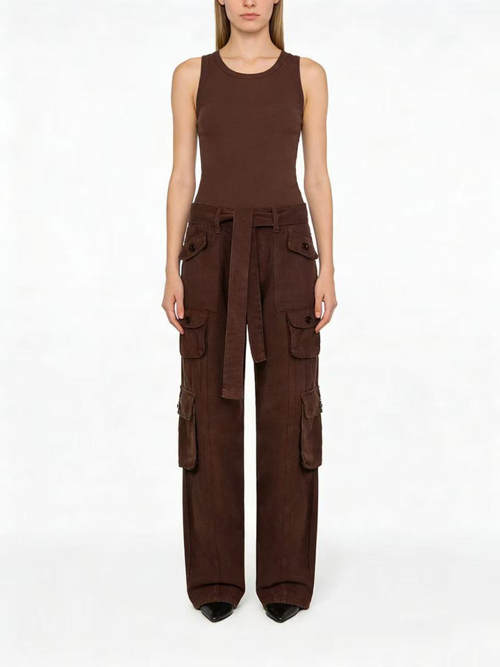 Damen weite Cargo-Hose mit hoher Taille, Bindegürtel und mehreren aufgesetzten Klappentaschen Nord Taschen