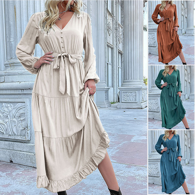 Damen Langes Satin‑Optik Stufenkleid mit V‑Ausschnitt, Bindegürtel und Volantsaum Nord Taschen