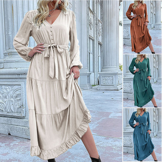 Damen Langes Satin‑Optik Stufenkleid mit V‑Ausschnitt, Bindegürtel und Volantsaum Nord Taschen