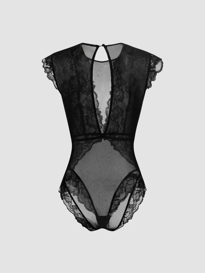 Damen Elegantes Spitzenbody mit tiefem V-Ausschnitt und zarten Rüschendetails