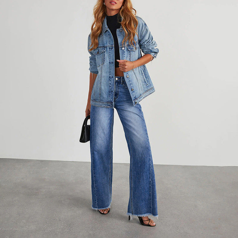Damen High-Waist Schlagjeans mit weitem Bein und ausgefranstem Saum Nord Taschen