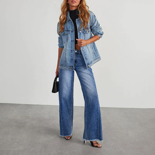 Damen High-Waist Schlagjeans mit weitem Bein und ausgefranstem Saum Nord Taschen