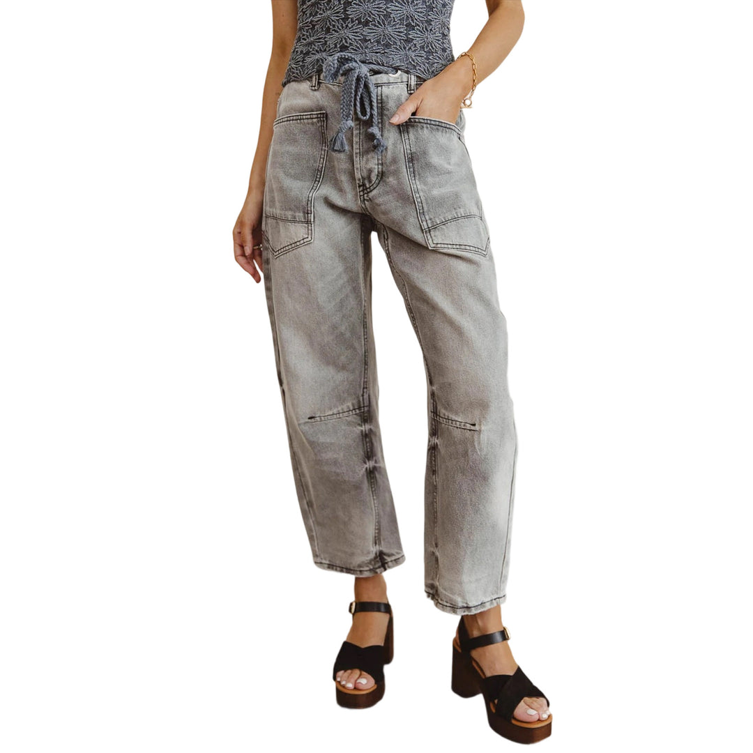 Damen lässige Cargo-Denim Culotte mit Kordelbund und großen aufgesetzten Taschen Nord Taschen