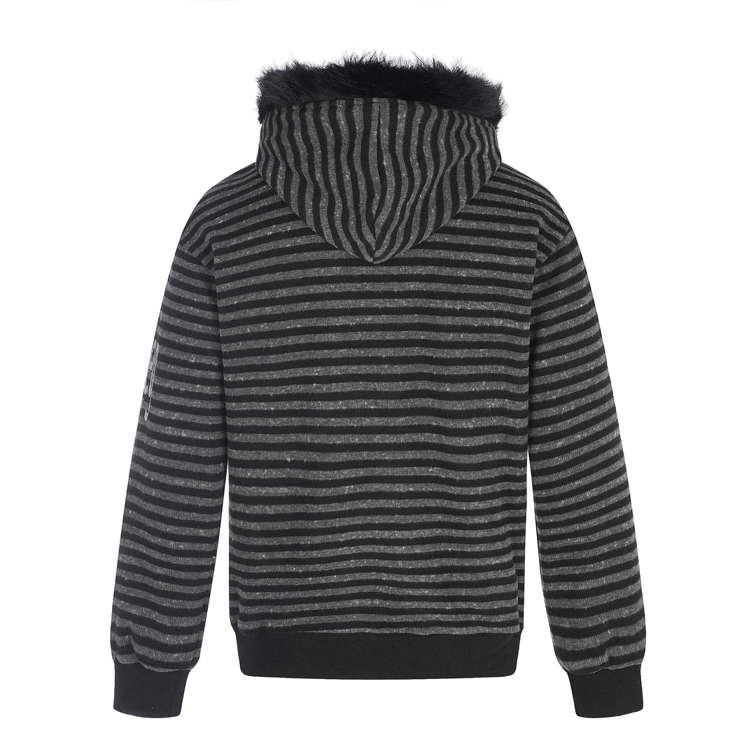 Unisex Kapuzenzipjacke mit Kunstfellbesatz, Streifenmuster und Frontprint Nord Taschen