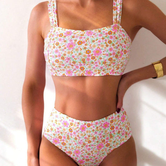 Damen Hoch Tailliertes Bikini-Set mit Floralen Mustern und Breiten Trägern