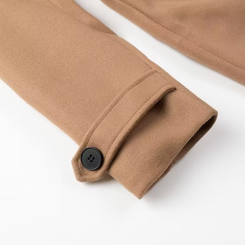 Damen Maxilanger zweireihiger Trenchcoat aus Wollmix mit Bindegürtel und Schulterklappe Nord Taschen