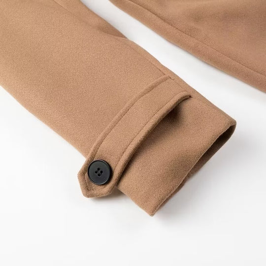 Damen Maxilanger zweireihiger Trenchcoat aus Wollmix mit Bindegürtel und Schulterklappe Nord Taschen